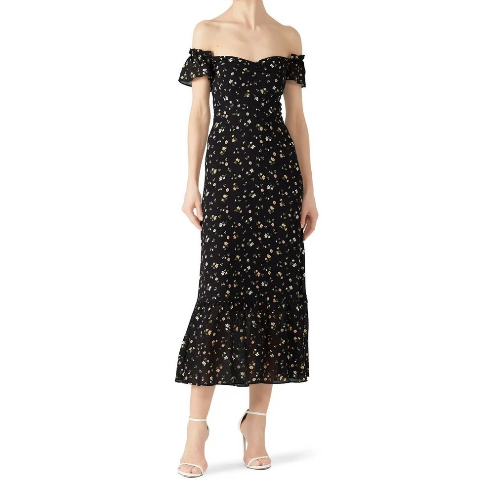 Reformation Venezia Butterfly Black Floral Print Off Shoulder Dress Size 2